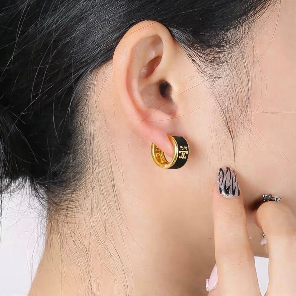 Black Enamel Gold Hoop Earrings Double Logo Huggie Chic Minimalist